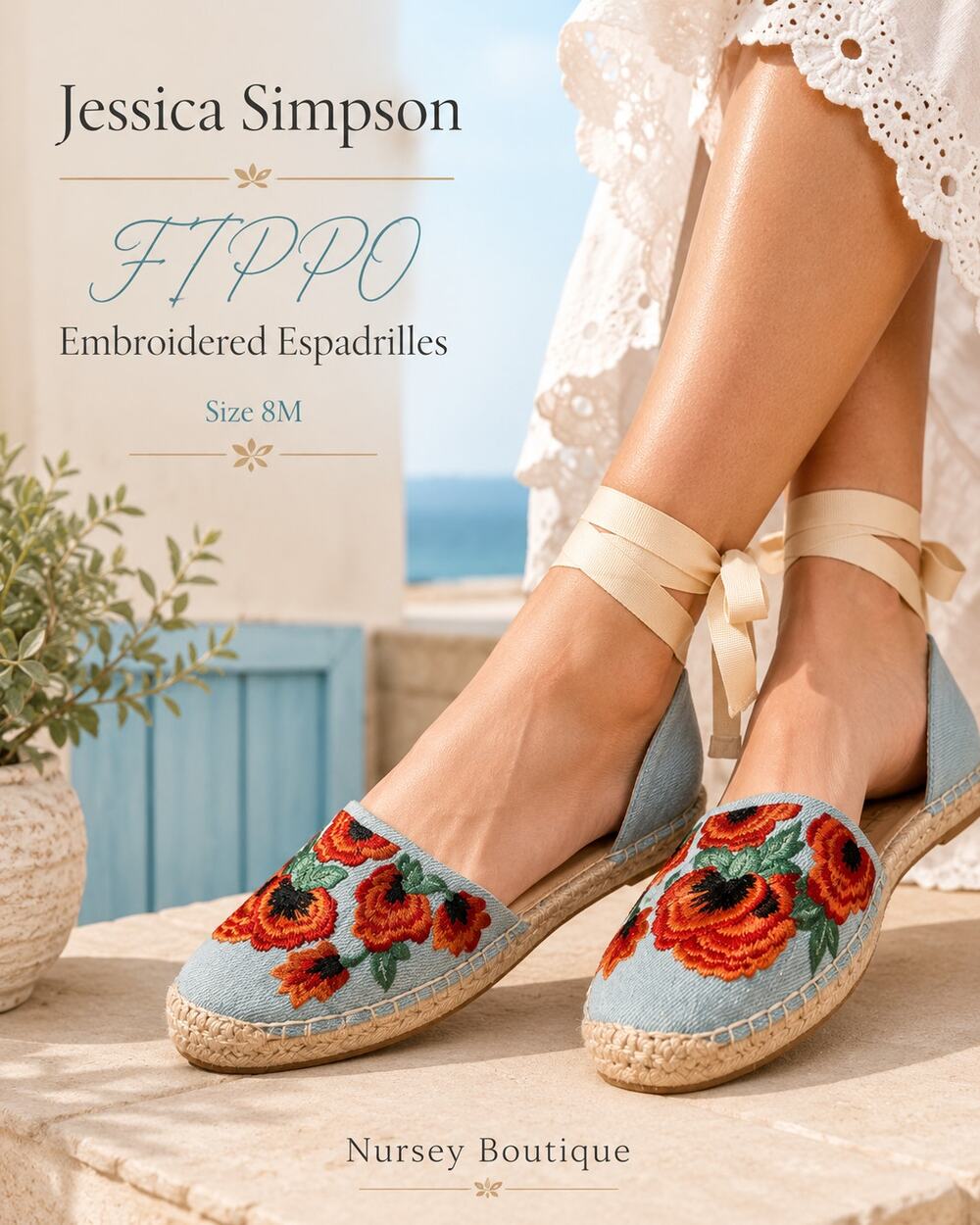 Jessica Simpson Fippo Denim Floral Embroidered Espadrille Flats 8M